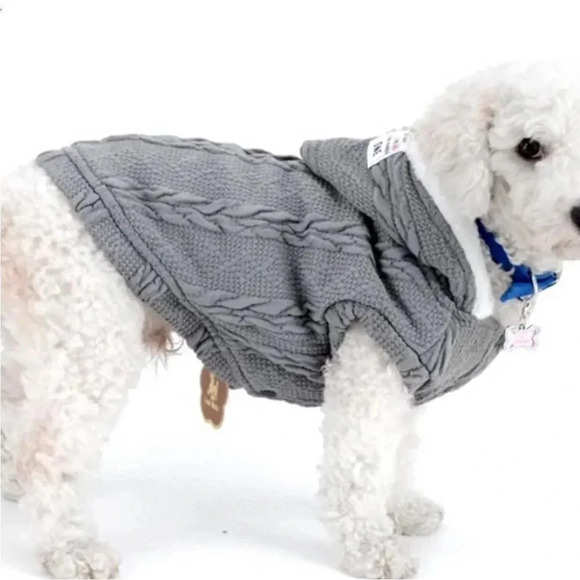 NWOT GREY W WHITE FUR LINED CABLE KNIT SWEATER WITH HOOD FOR DOG SIZE XS - Picture 1 of 9